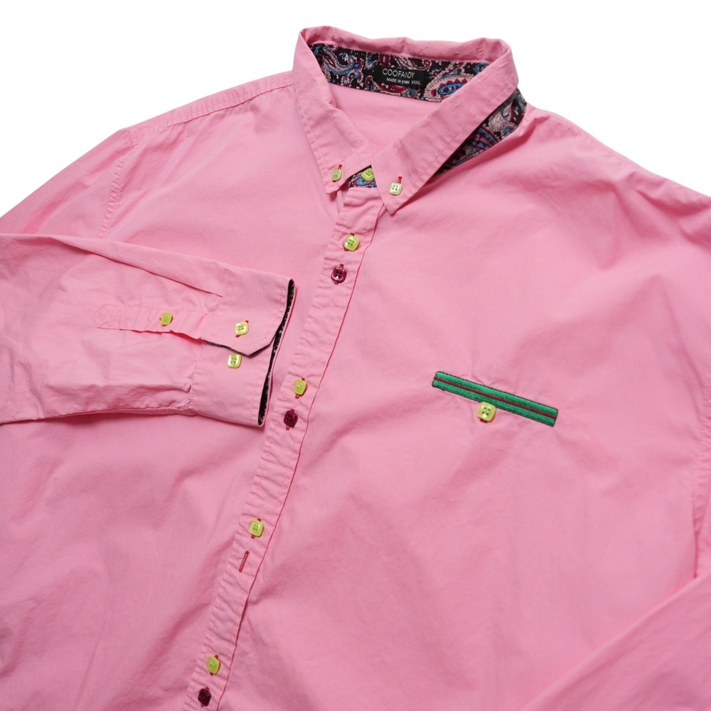 Coofandy Mens XXXL Pink Button Down Shirt Paisley Trim Stripe Detail
